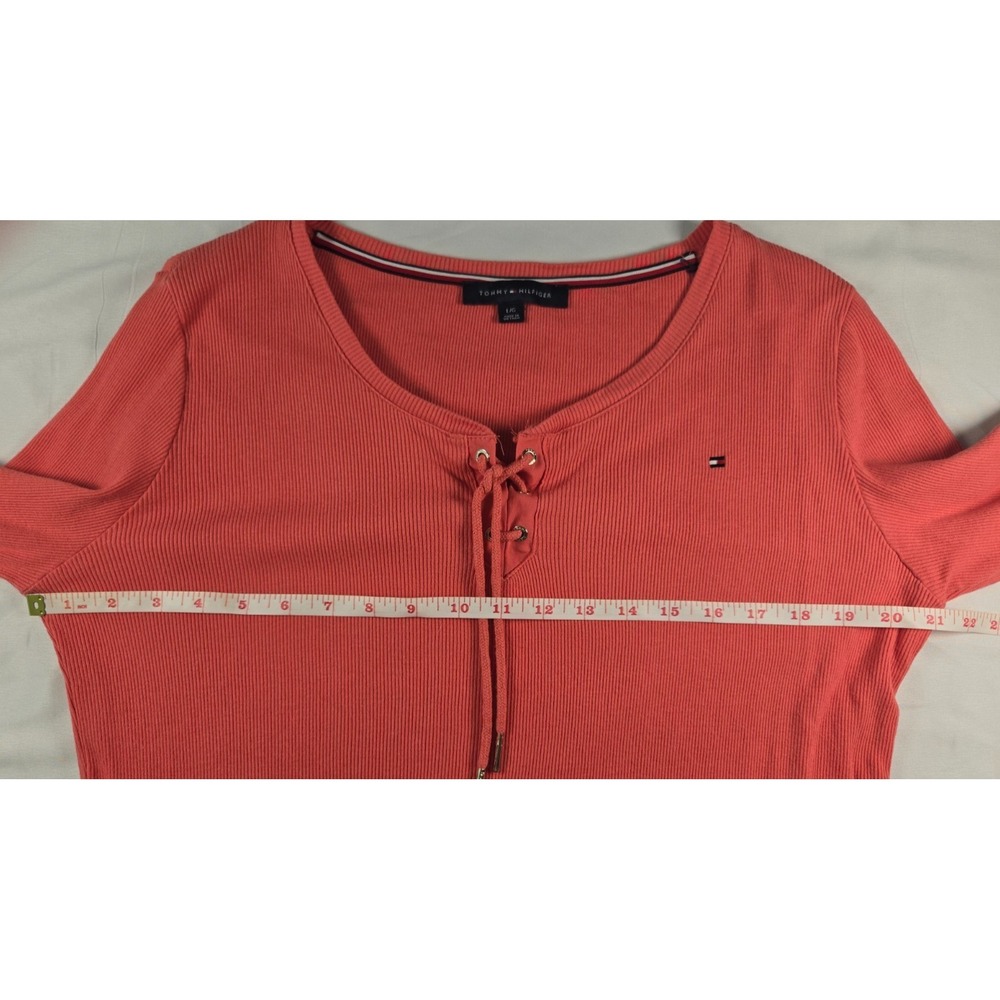 Tommy Hilfiger Global Lace Up Ribbed Henley Top Sz L Coral 3/4 Sleeve - Picture 9 of 14